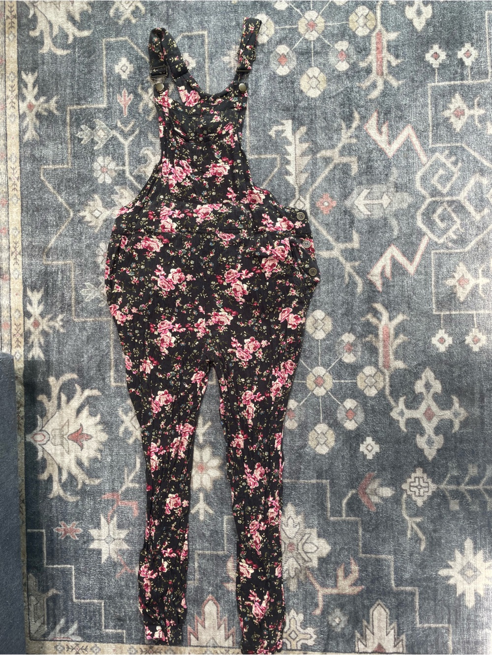 Forever 21 Black Floral Overall Jumpsuit with Pink Rose Print